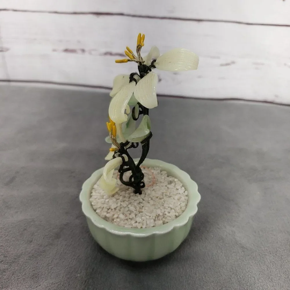 Taiwanese Spinach Jade & Semi Precious Gems Bonsai Tree, Vintage Bonsai Tree, Fl